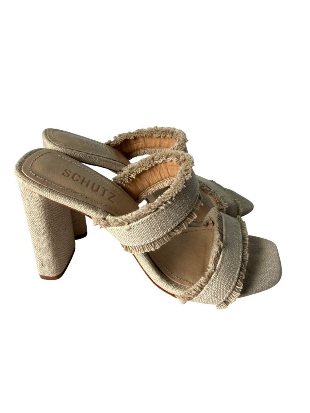 Schutz Amely Beige Frayed Canvas Mid Block Heel Sandals 7.5B